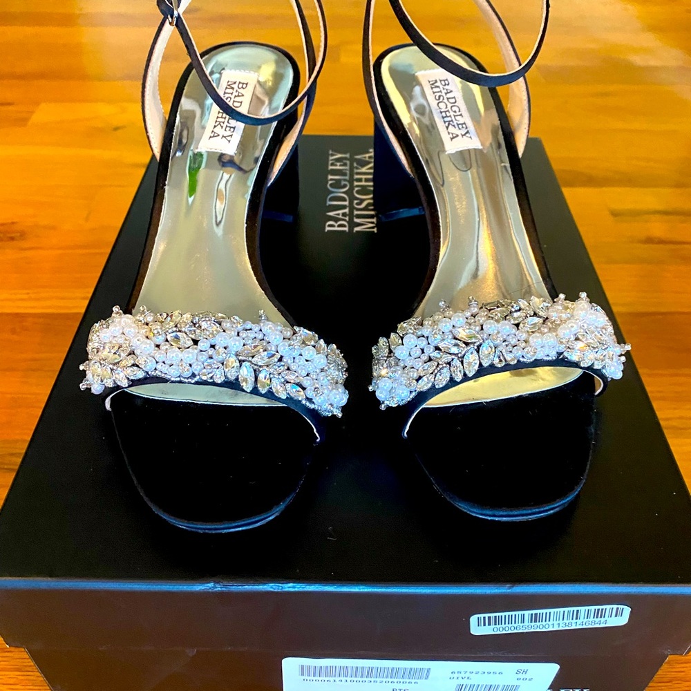 Badgley Mischka embellished black satin heels, style- Clara, color- black